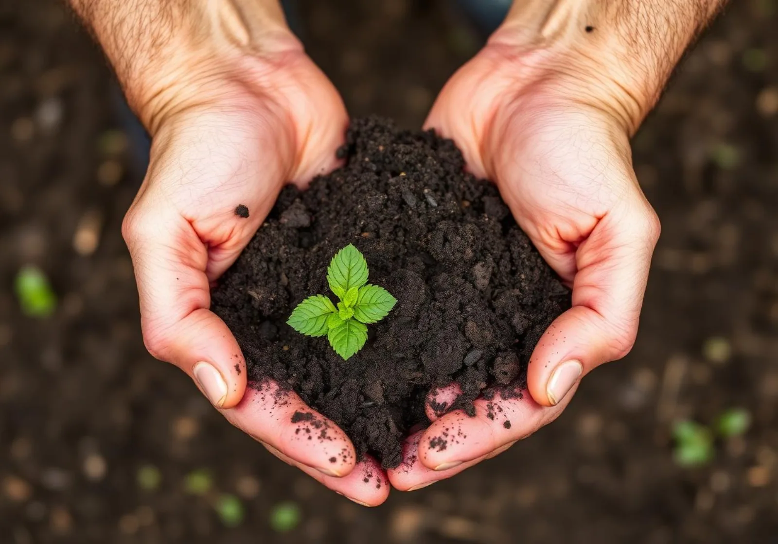 Hands holding rich fertile soil with a young green seedling